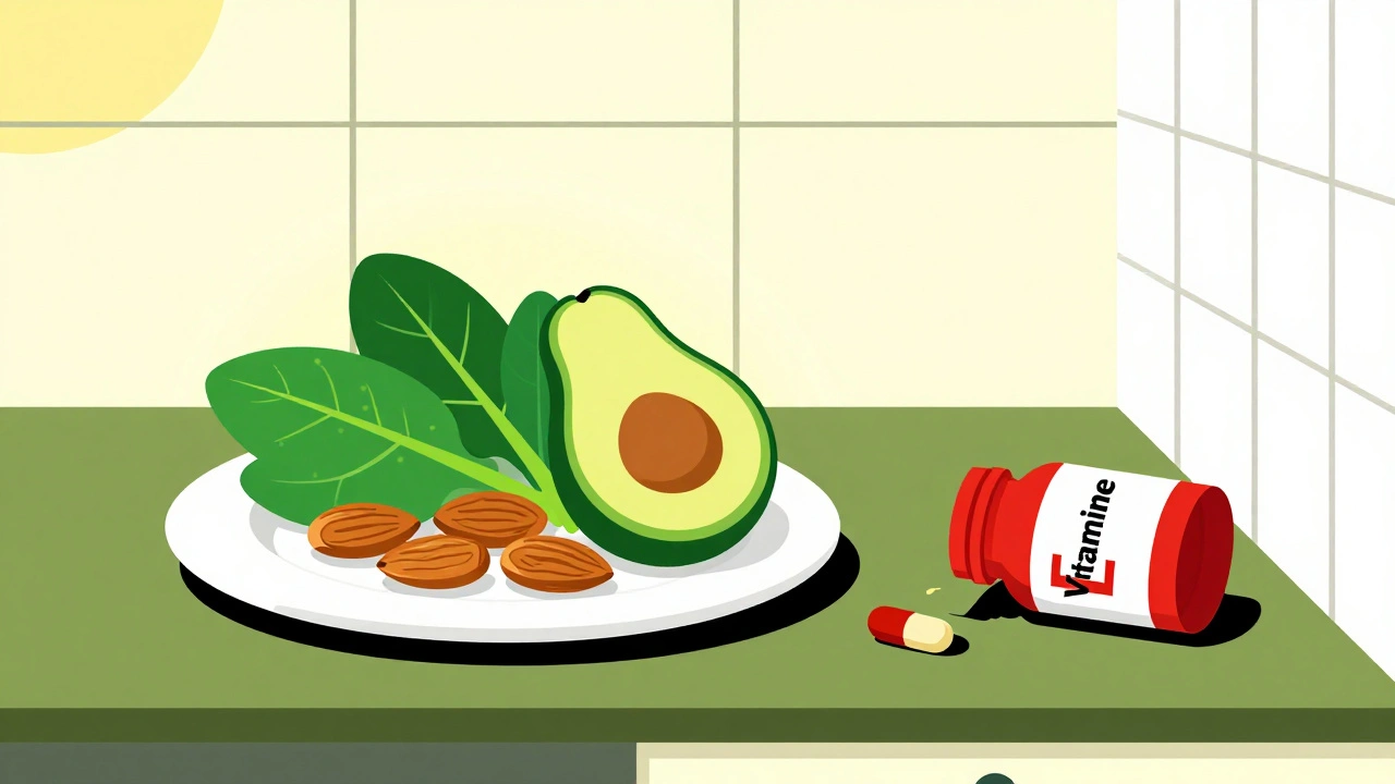 Assiette d&#039;aliments sains avec une pilule de vitamine E brisée et rejetée, en style géométrique minimaliste.