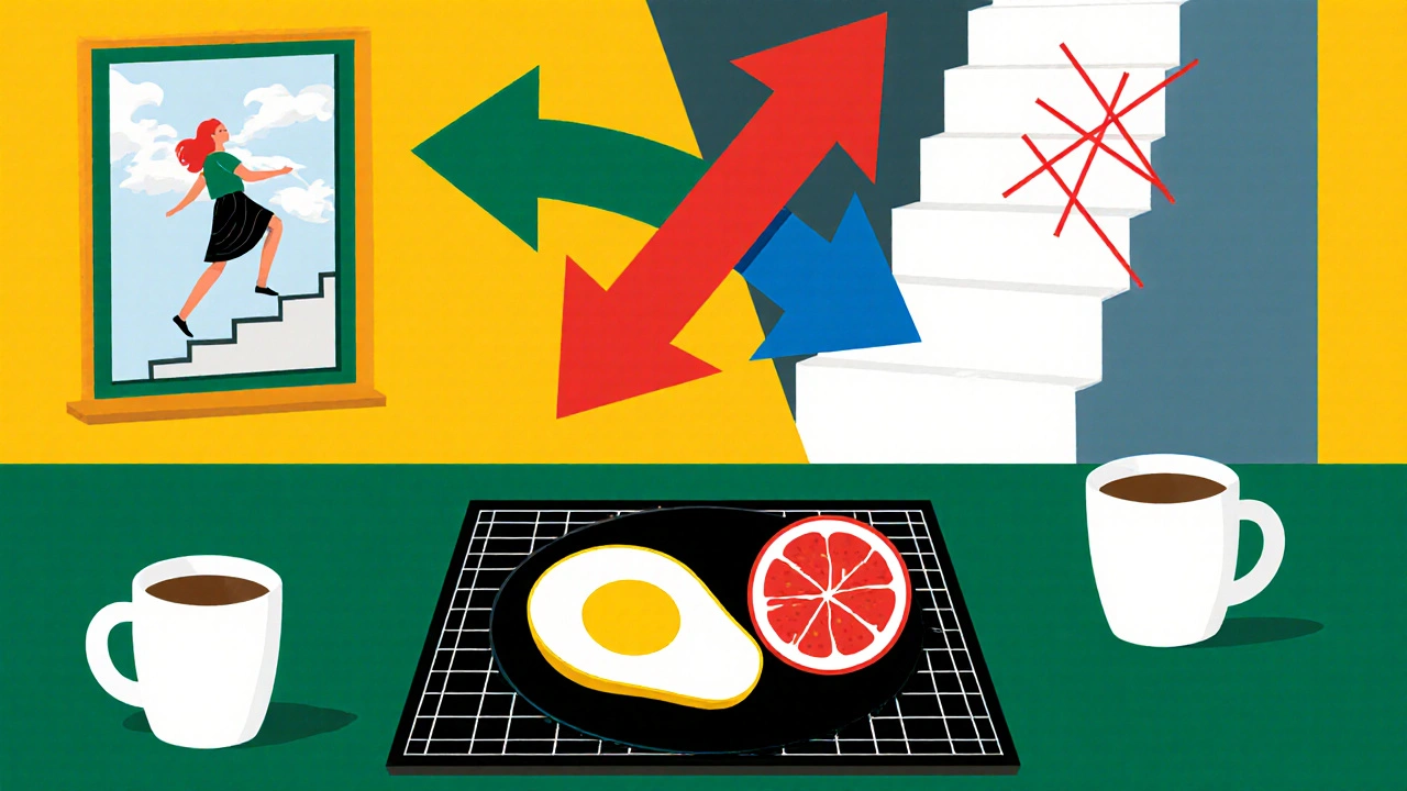 Assiette géométrique avec avocat, œuf et citron, flanquée de flèches de synergie.