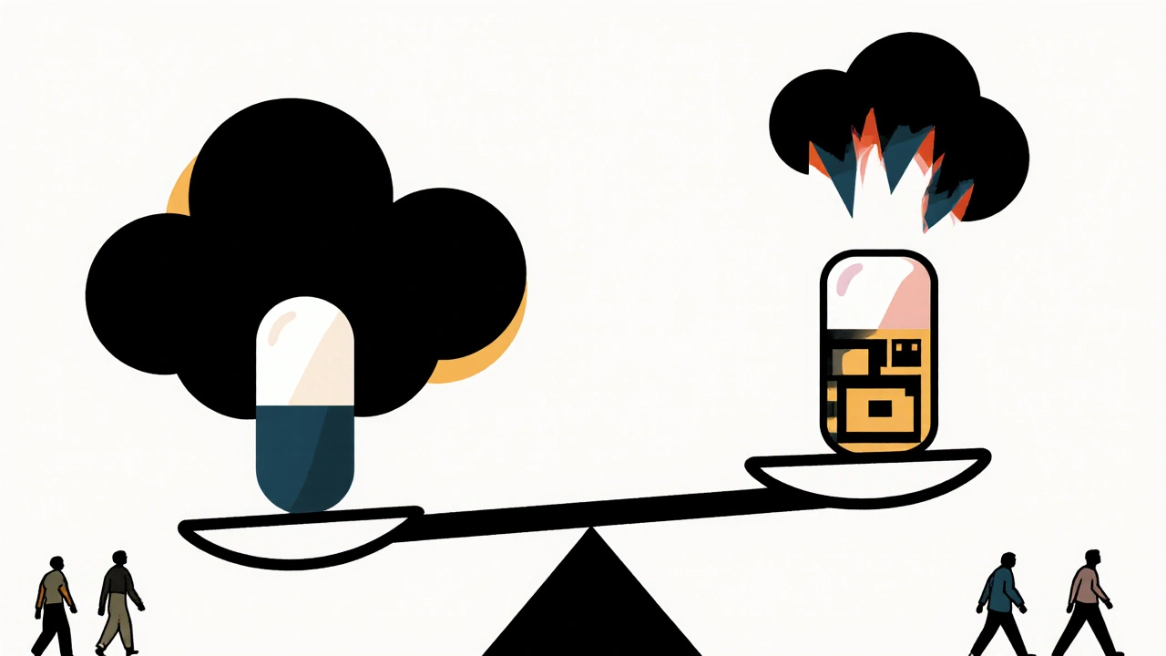 Balance médicale opposant corticoïdes toxiques à la baricitinib, avec des patients en arrière-plan.
