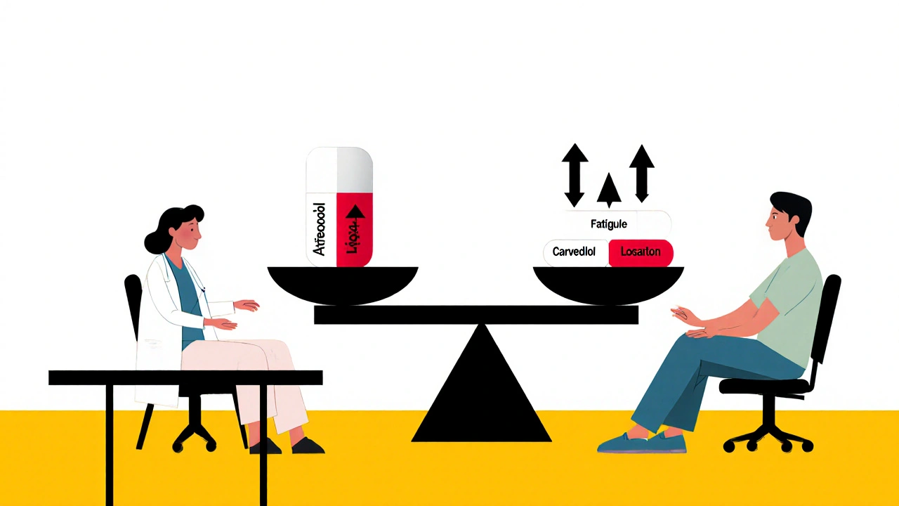Balance minimalistique comparant l&#039;aténolol à trois alternatives plus efficaces.