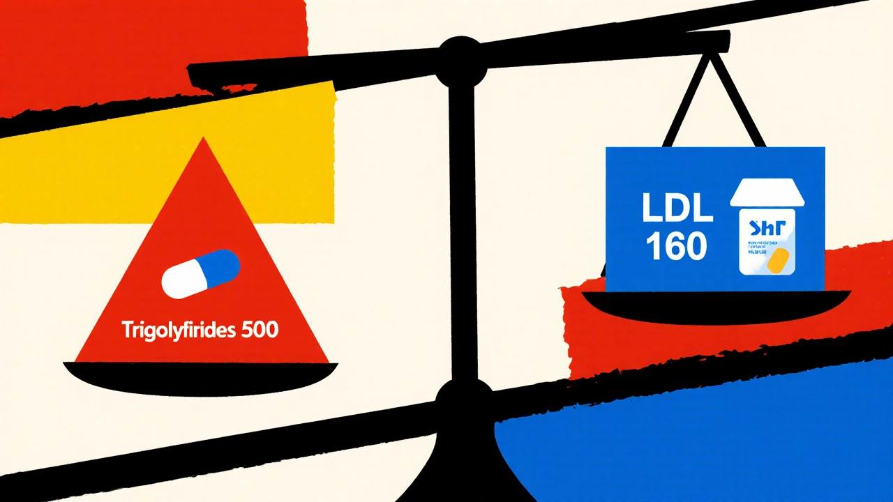 Balançoire médicale entre triglycérides élevés et cholestérol LDL, en style De Stijl abstrait.