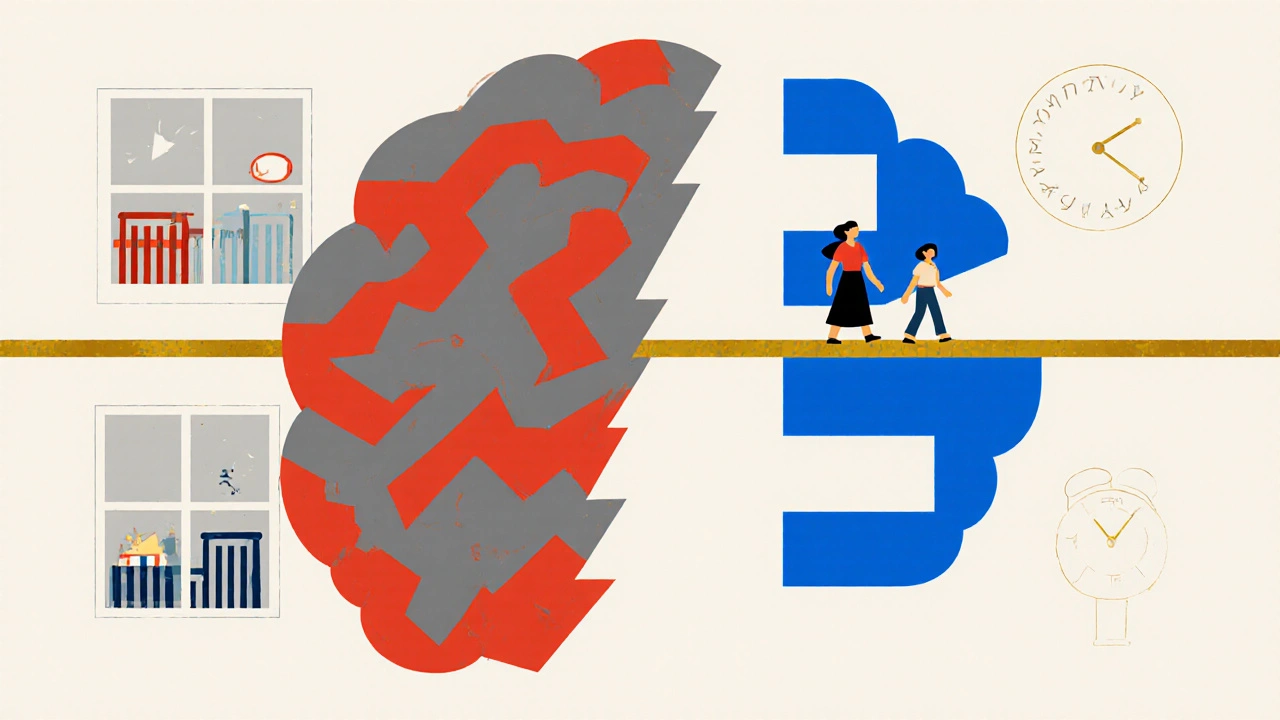 Cerveau divisé entre chaos et sérénité, relié par un pont en forme de pilule, dans un style géométrique minimaliste.
