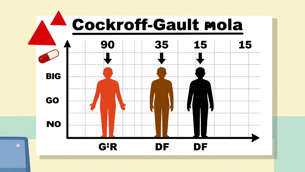 Charte abstraite en style De Stijl montrant la réduction de la fonction rénale et les médicaments à risque.