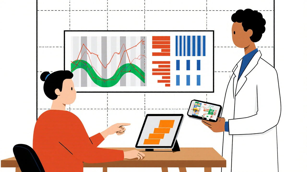 Clinicien ajustant la dose de warfarine avec un monitor numérique d’INR, style De Stijl.