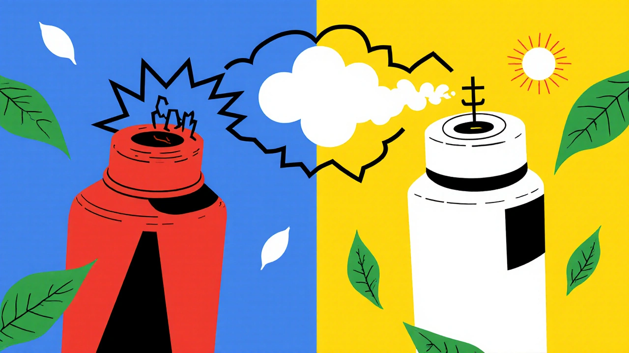 Comparaison entre inhalateur traditionnel polluant et inhalateur à poudre écologique en style De Stijl.