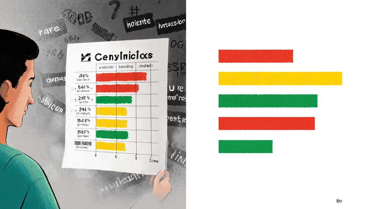 Comparaison visuelle en formes colorées : risque de saignement, fatigue et bénéfice thérapeutique, sans mots, en style De Stijl.