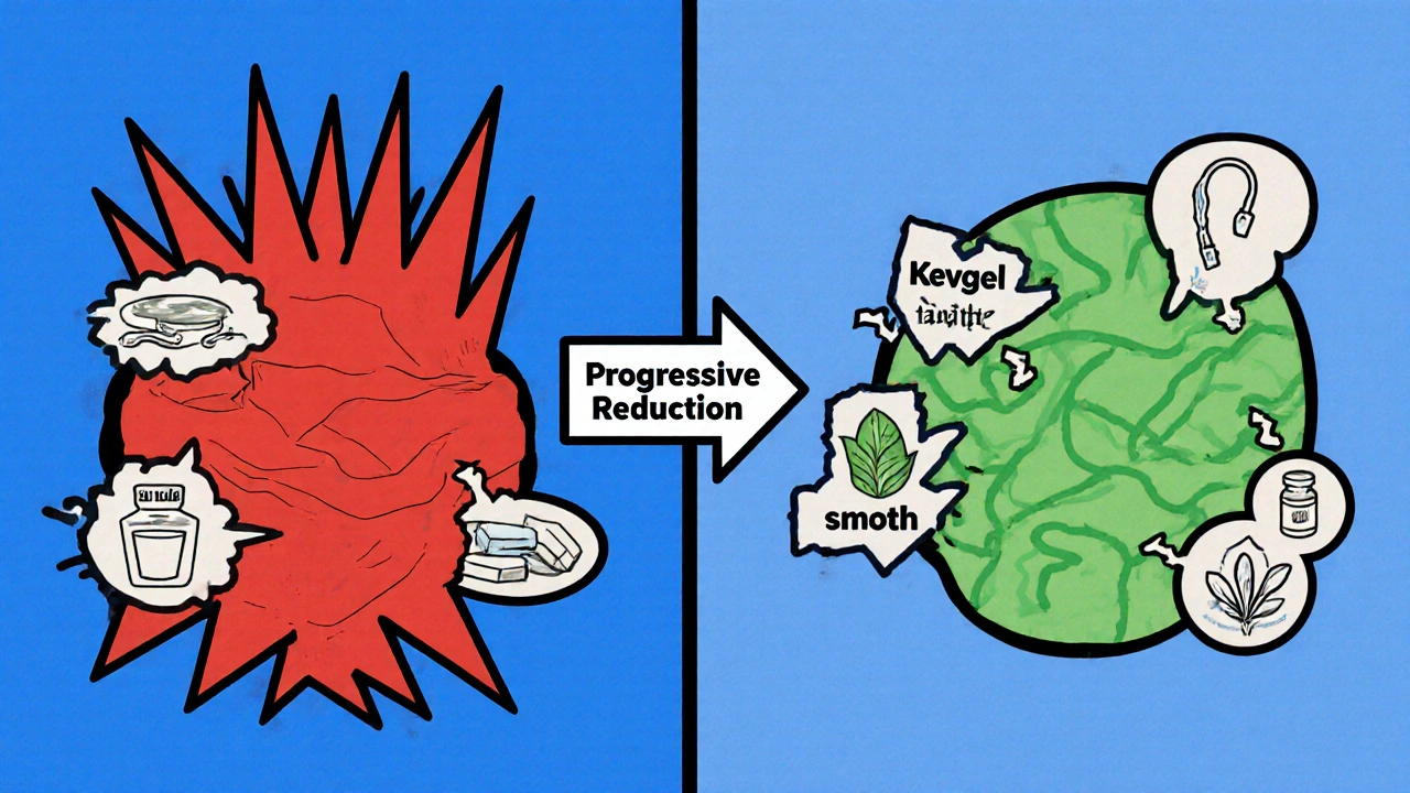 Comparaison visuelle entre facteurs irritants et soins apaisants pour la vessie en style De Stijl.