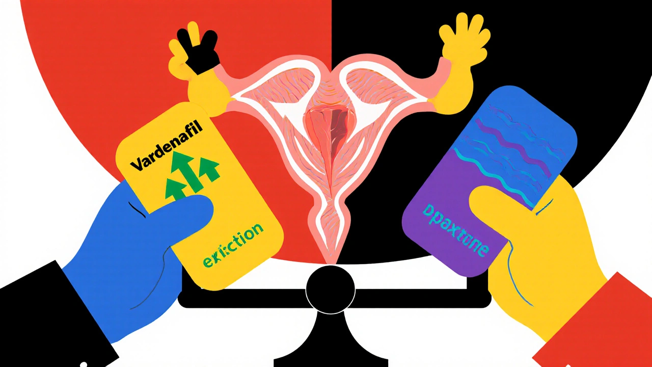 Deux comprimés séparés comparés sur une balance, représentant des traitements distincts pour l&#039;érection et l&#039;éjaculation.