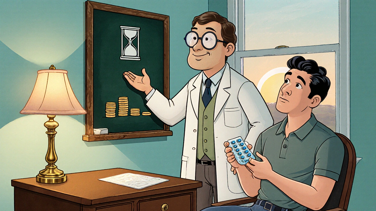Docteur cartoon vintage conseillant un homme, avec horloges et pièces d’or représentant durée et prix.