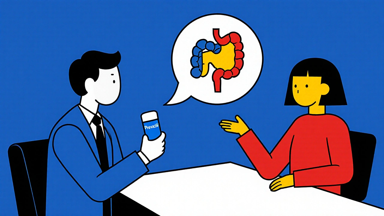 Docteur et patient dans une salle minimaliste, le médecin montre une capsule, le patient réfléchit aux effets sur l’estomac.