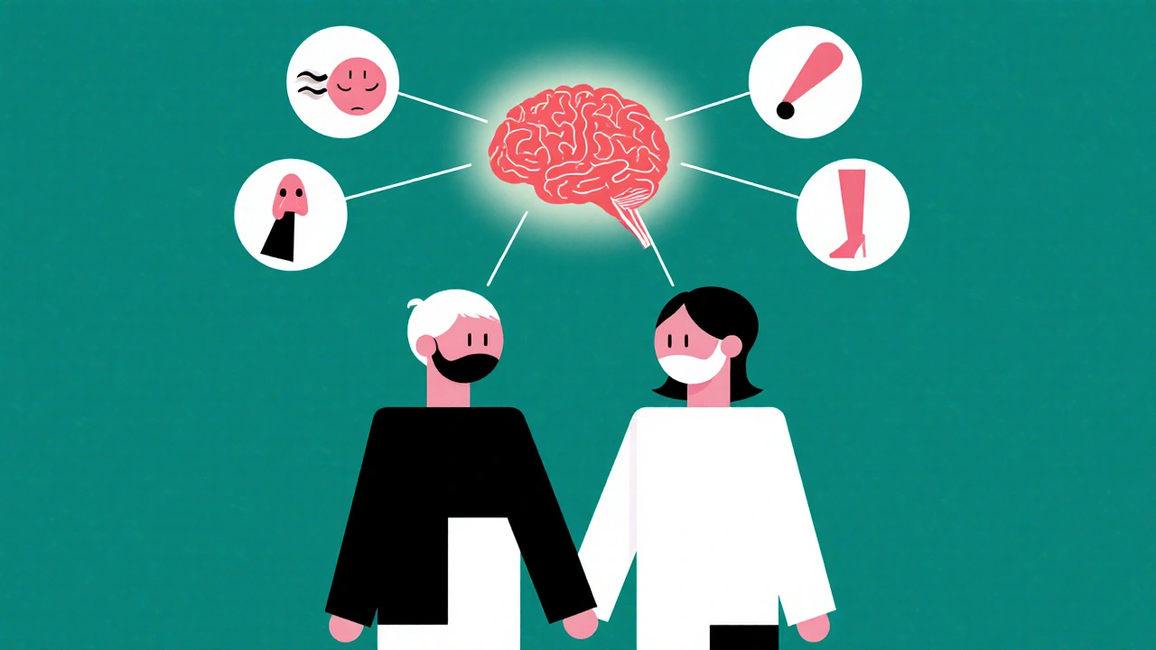 Doctor et patient main dans la main, leurs corps en formes géométriques, avec des symboles abstraits au-dessus représentant les effets secondaires.