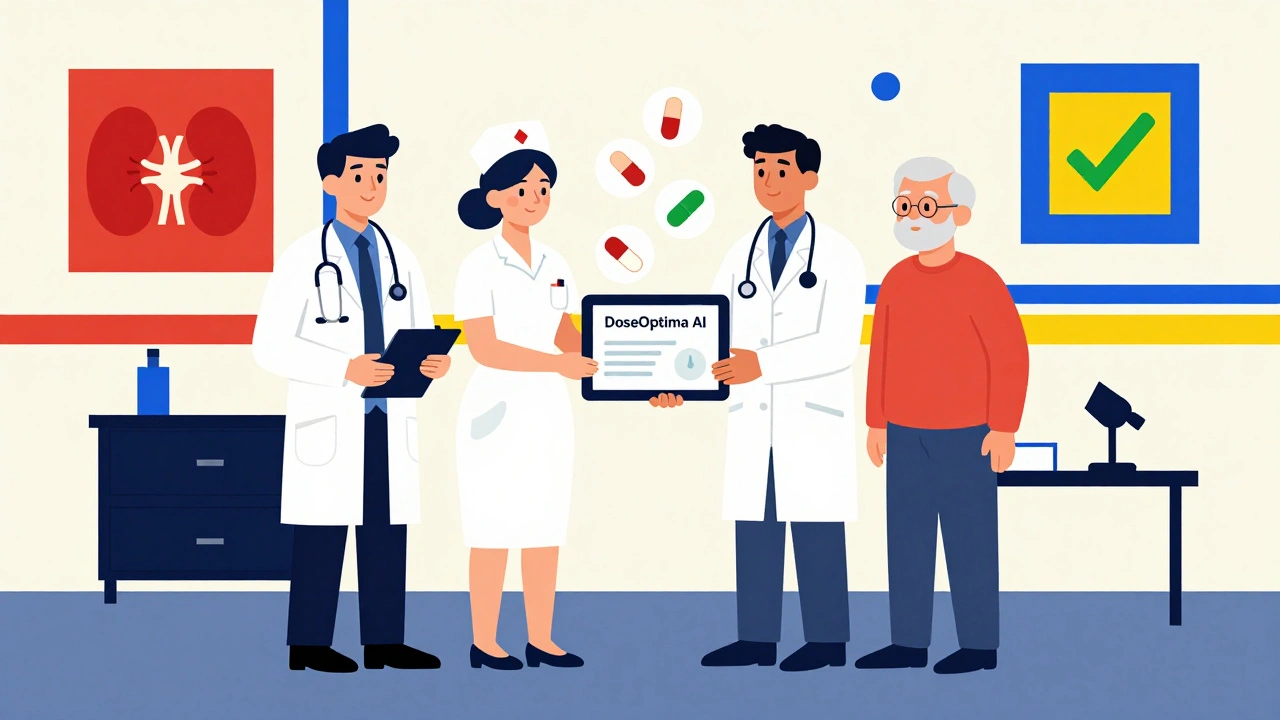 Équipe médicale utilise une interface IA pour ajuster les doses chez un patient âgé, dans un cadre géométrique.