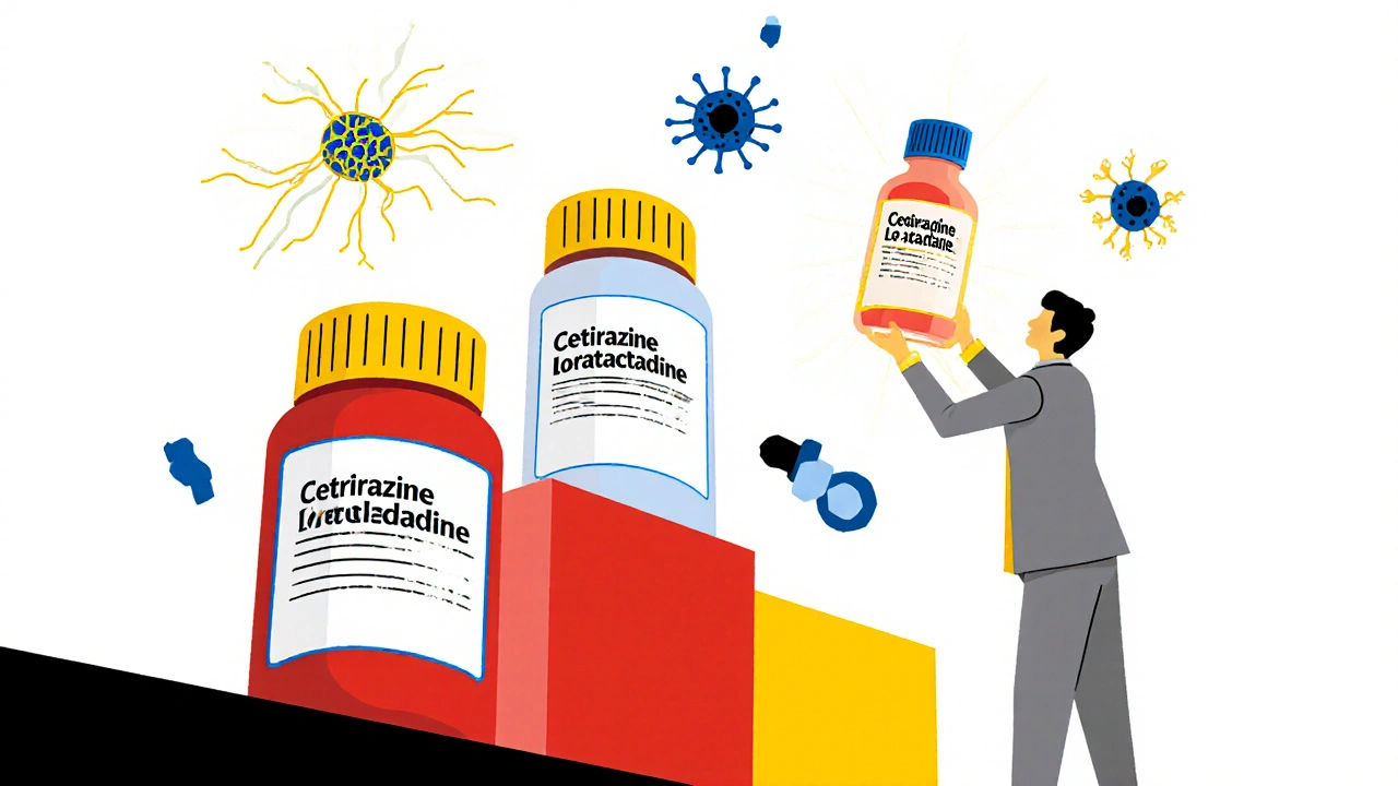 Étagère de pharmacie avec trois bouteilles colorées, dont une éclairée, symbolisant un traitement unique.