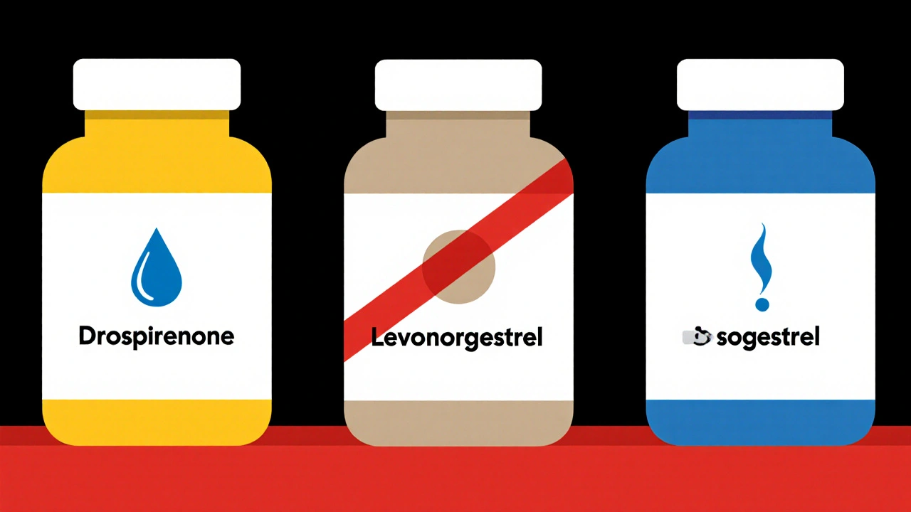 Étagère de pilules contraceptives avec symboles colorés et avertissement rouge pour la drospirénone en style De Stijl.