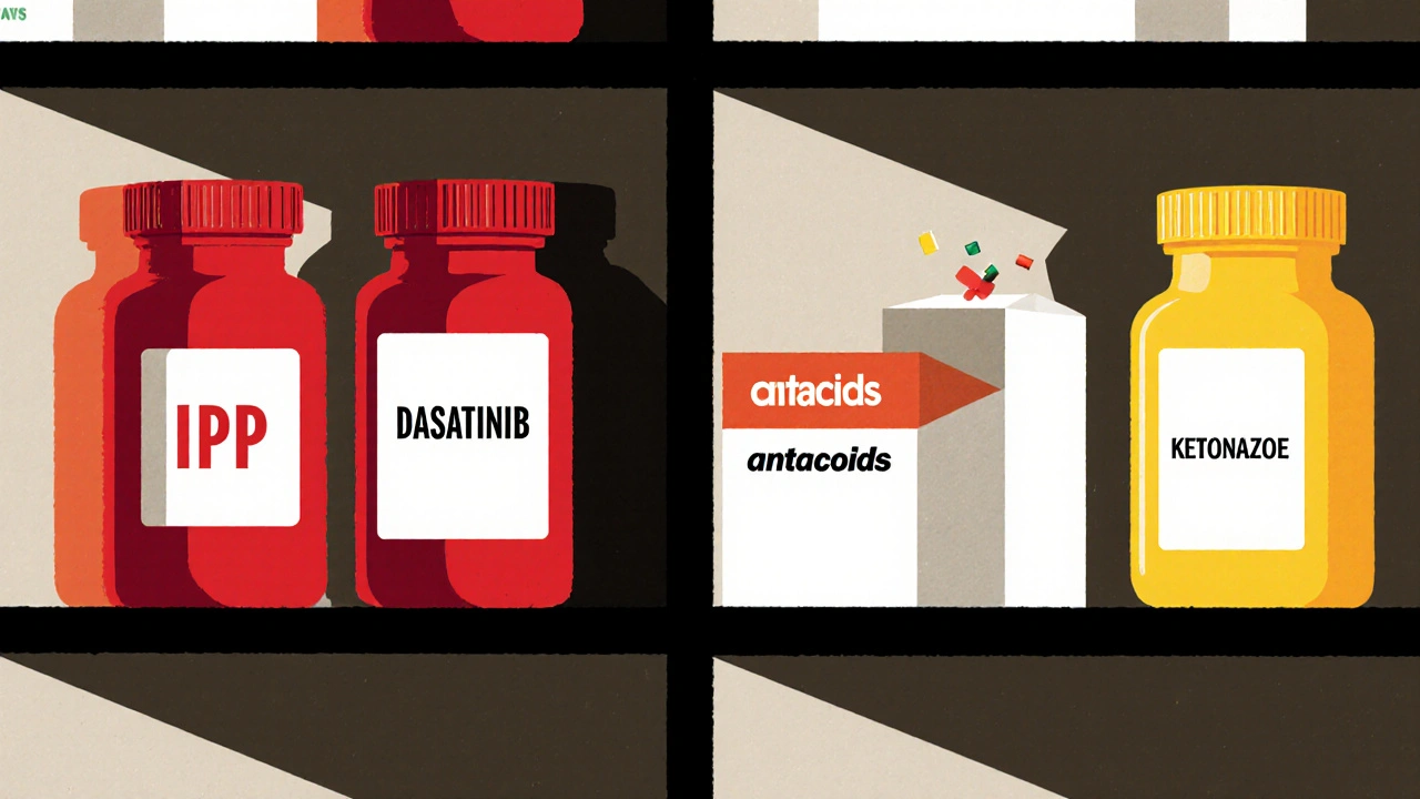 Étagères de pharmacie contrastées montrant les interactions entre réducteurs d&#039;acide et traitements.