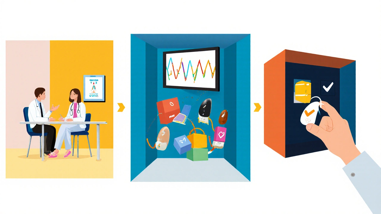 Étapes montrant le choix d'un appareil auditif, style De Stijl.