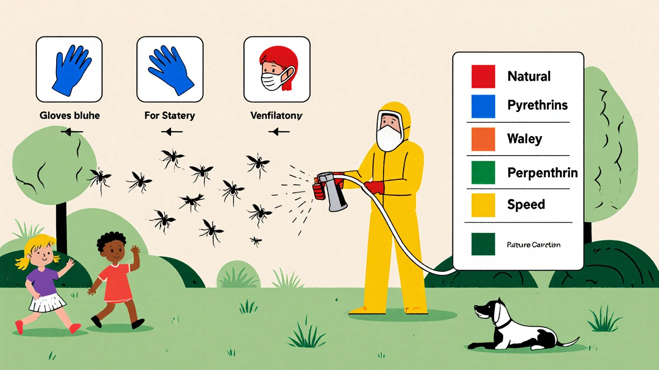 Famille dans un jardin appliquant un insecticide en respectant les consignes de sécurité.