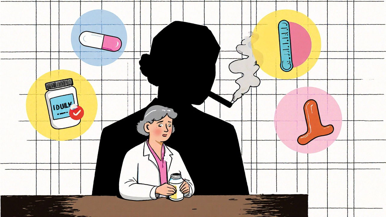 Femme à la consultation médicale avec ombre de cigarette et alternatives contraceptives en style De Stijl.