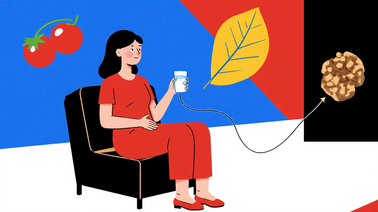 Femme calme en posture zen, entourée de symboles de soins naturels pour la vessie.