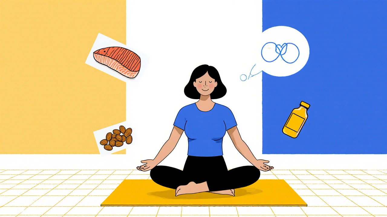 Femme pratiquant yoga et mangeant des aliments sains, entourée d’éléments de bien‑être, style De Stijl.