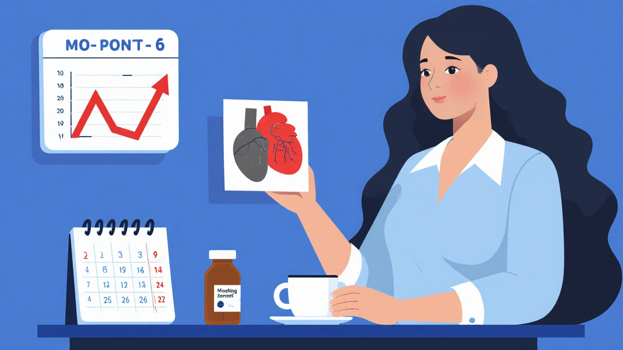Femme tenant un échocardiogramme montrant une valve endommagée, avec une bouteille de bromocriptine et un calendrier marquant 6 à 12 mois.
