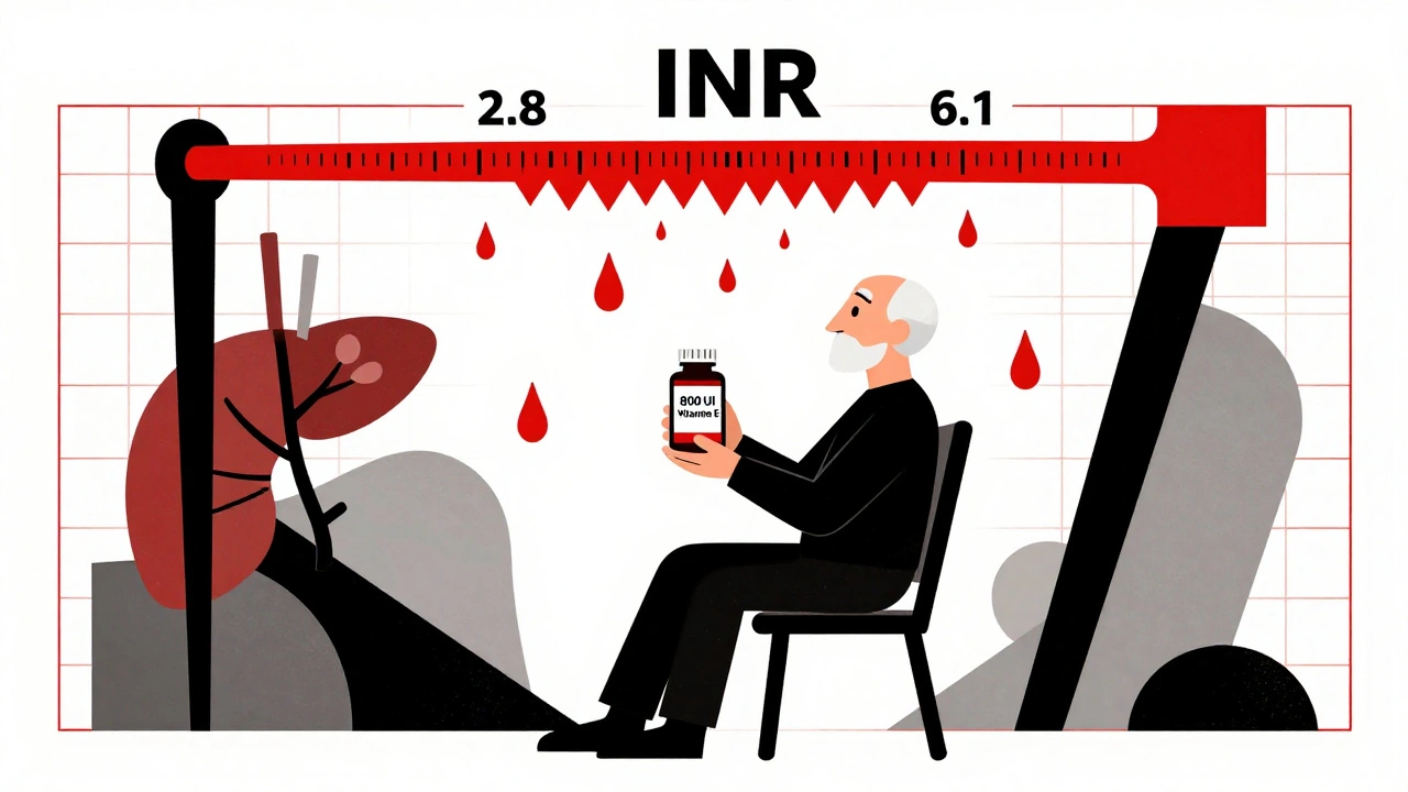 Homme âgé avec complément de vitamine E, un indicateur INR explose en valeurs dangereuses, représenté en formes géométriques.