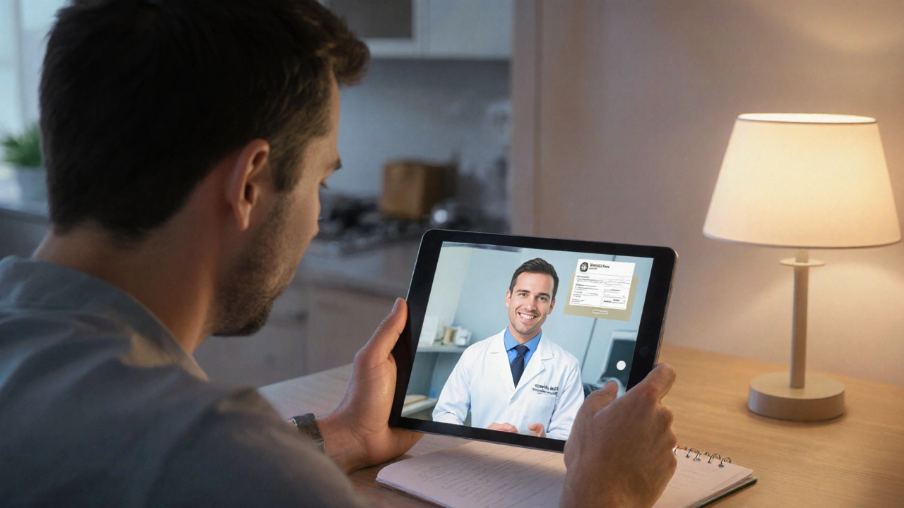 Homme en téléconsultation avec un médecin affiché sur tablette, montrant une ordonnance numérique.
