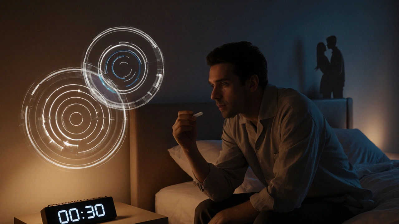Homme tenant une pilule Super Avana au bord du lit, horloge indiquant 30 minutes.