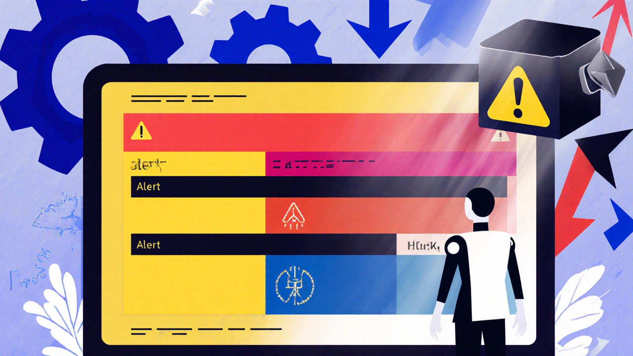 Hub futuriste avec panneaux colorés hiérarchisant les alertes et assistant IA.