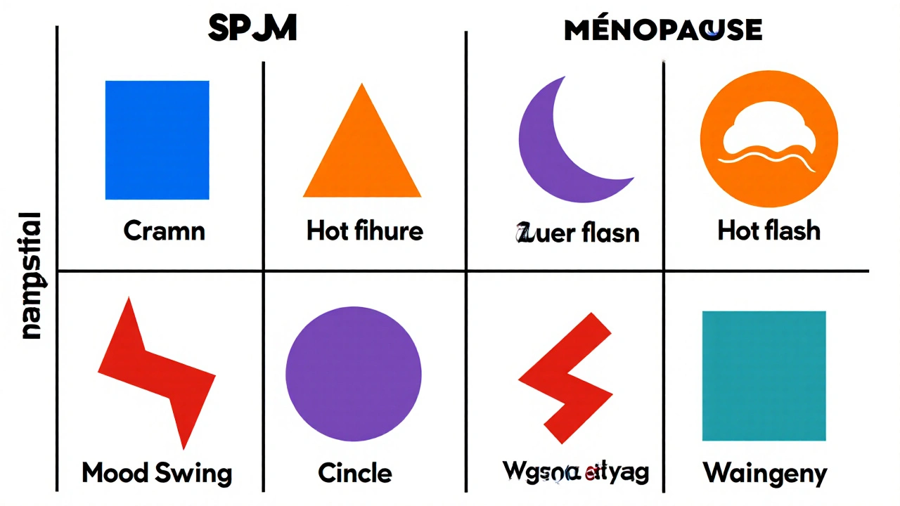 Icônes géométriques des symptômes du SPM et de la ménopause disposés en tableau coloré.