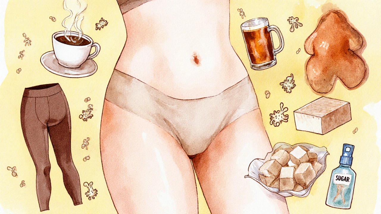 Illustration d&#039;habitudes à risque : café, alcool, leggings serrés, savon parfumé, sucre, bactéries autour du bassin féminin.