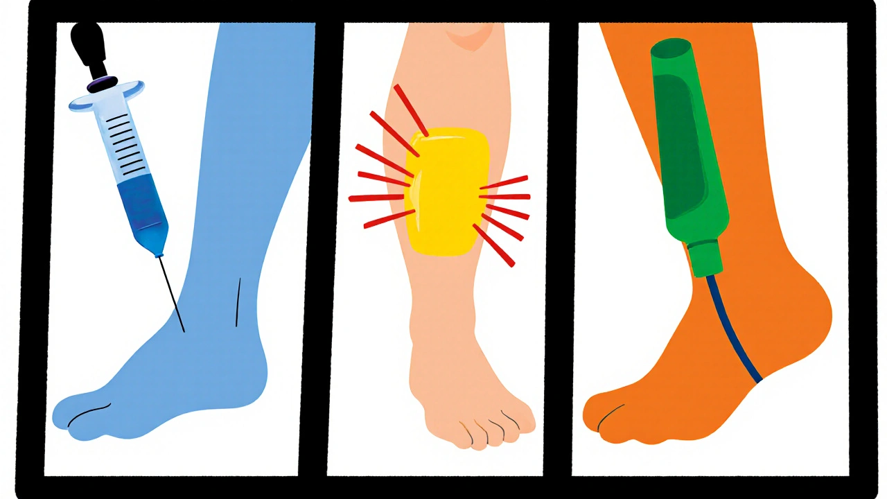 Illustration montrant injection, patch et gel de lidocaïne appliqués sur le corps d’un sportif.