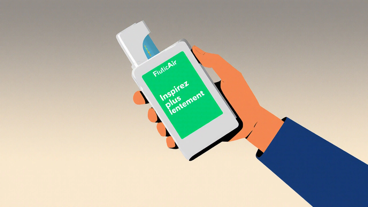 Inhalateur intelligent FluticAir Smart affichant un message d'orientation respiratoire en style De Stijl.