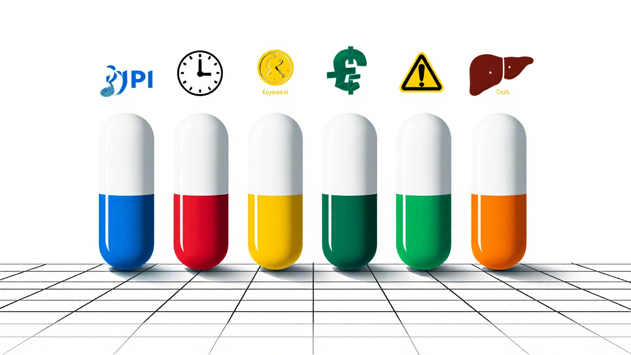Ligne de cinq capsules colorées représentant les IPP, chacune accompagnée d’icônes de demi‑vie, métabolisme, coût et interactions.