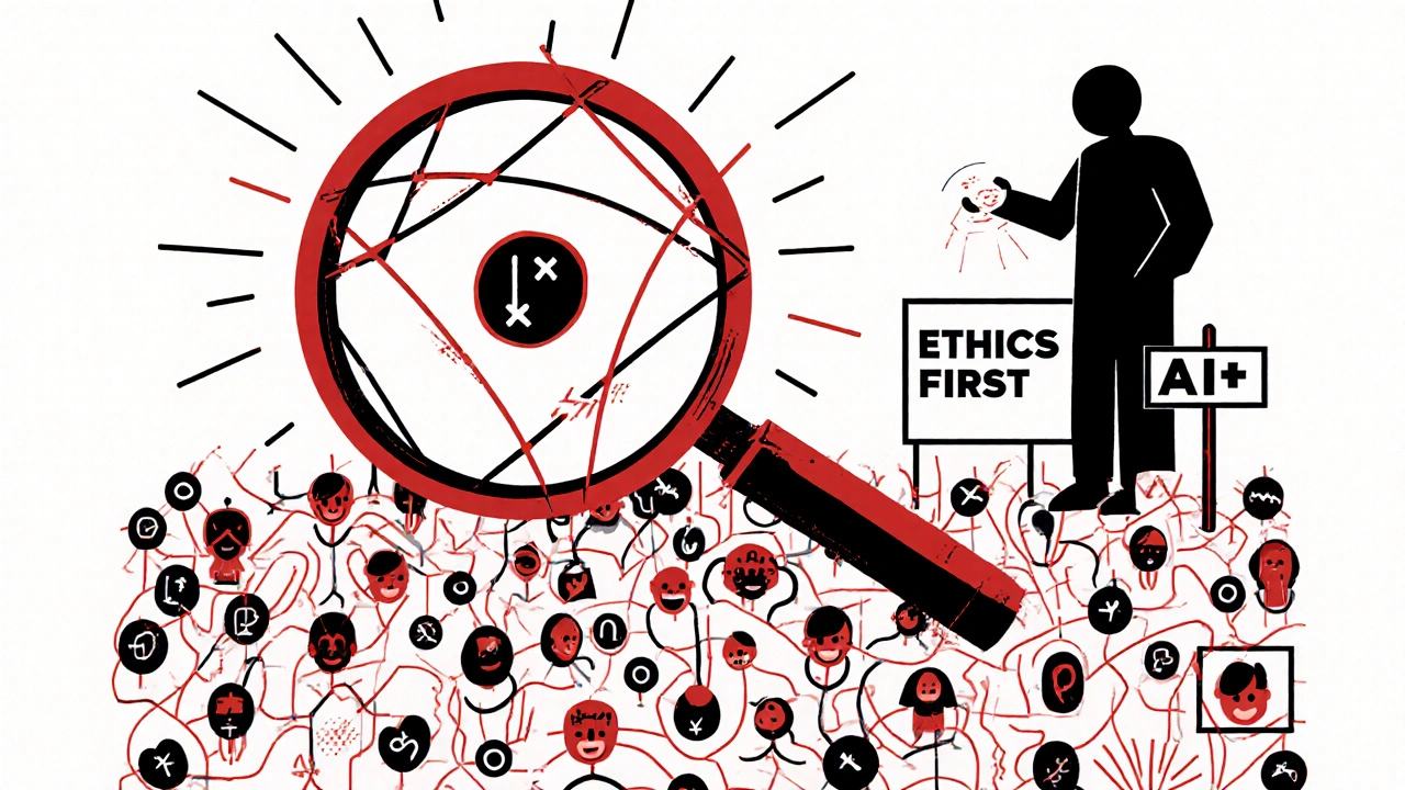 Loupe géométrique analysant des avatars patients avec étiquettes de vérification.