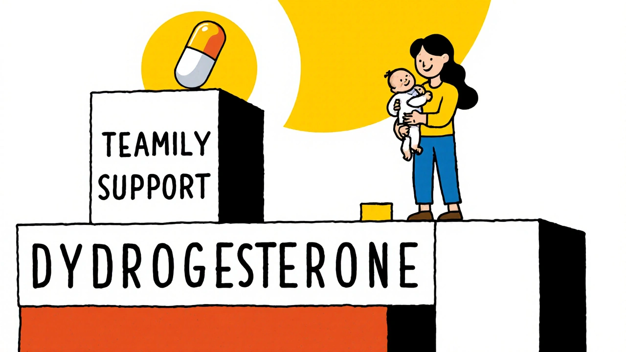 Maison en construction avec une fondation de dydrogesterone, soutenue par la thérapie et la famille, sous un soleil en forme de pilule.