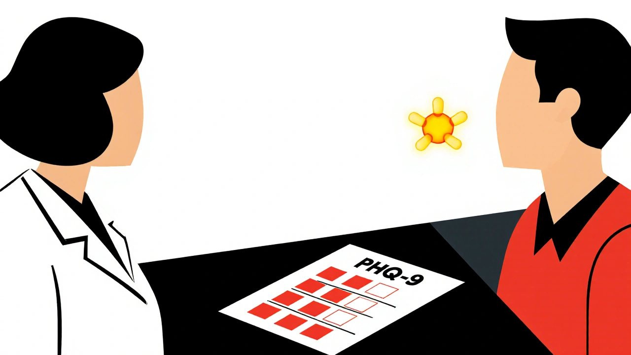 Médecin et patient devant un questionnaire PHQ-9 stylisé, avec une molécule de buprénorphine en jaune, style De Stijl.