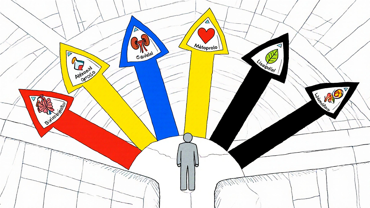 Patient à un carrefour avec sept voies médicamenteuses en formes géométriques colorées.