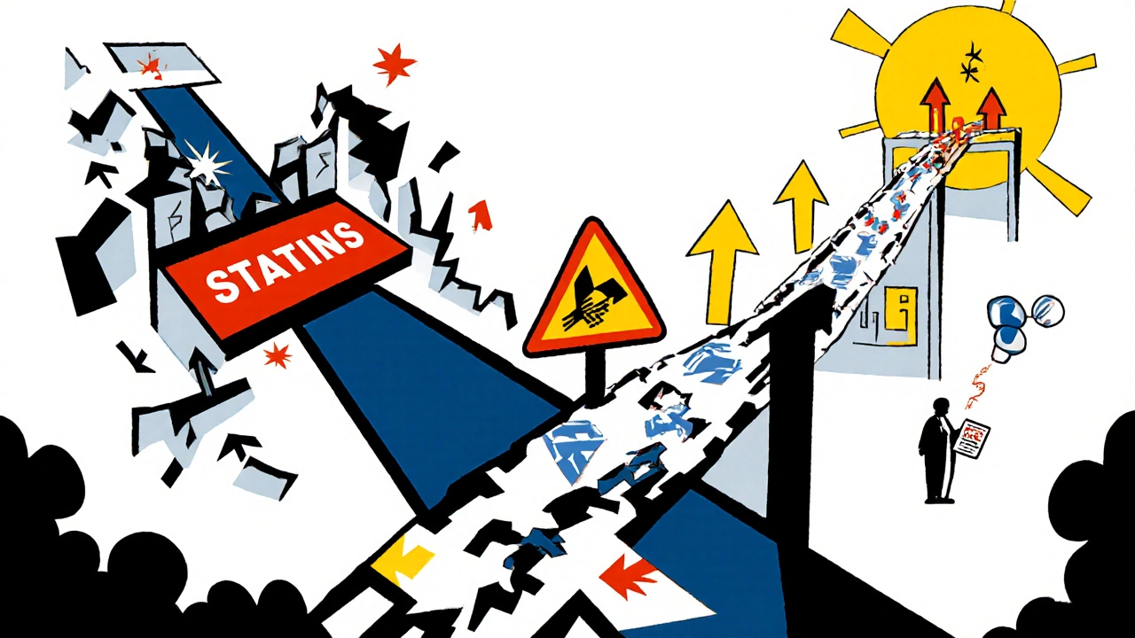 Patient à un carrefour entre deux voies : l&#039;une dangereuse avec les statines, l&#039;autre lumineuse avec les inhibiteurs PCSK9.