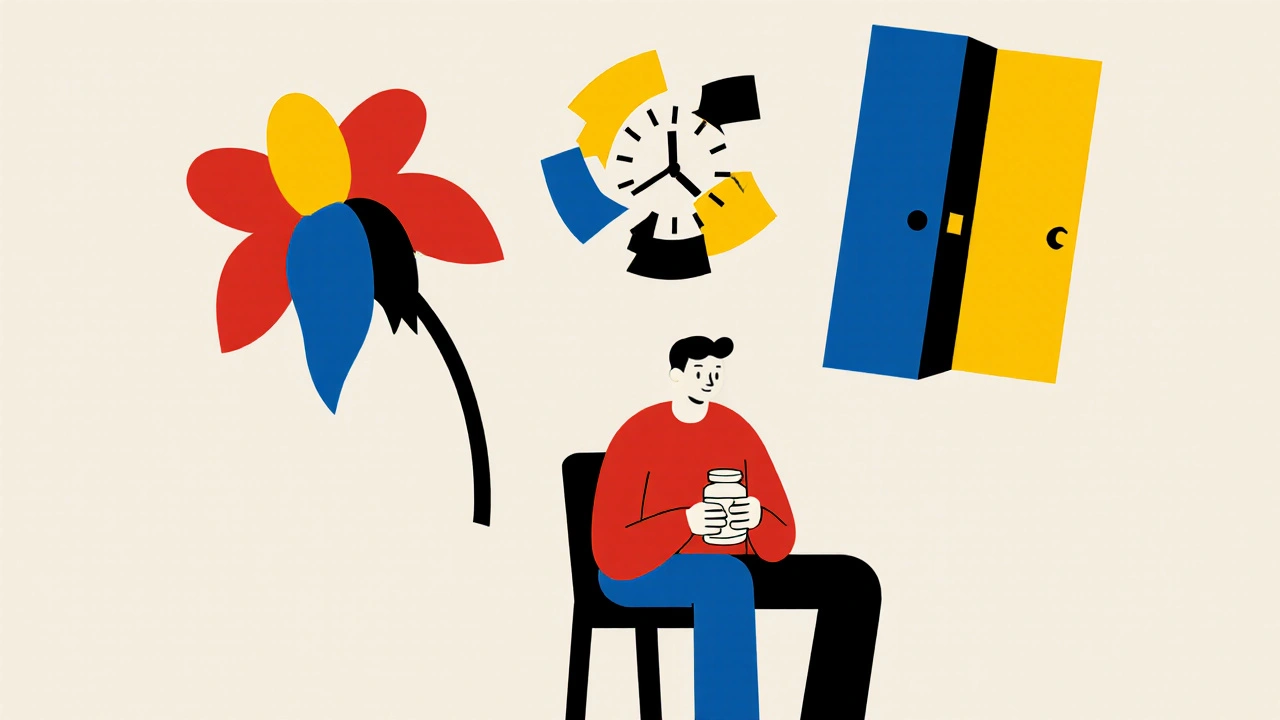 Patient assis avec des symboles abstraits de tristesse flottant au-dessus, style De Stijl en lignes droites et couleurs vives.