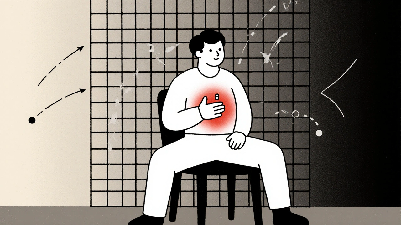 Patient calme avec des lésions en régression, derrière lui une grille qui s&#039;éclaircit progressivement.