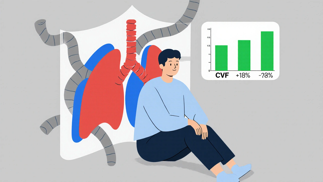 Patient protégé par un bouclier géométrique contre la fibrose pulmonaire, avec une courbe d'amélioration.