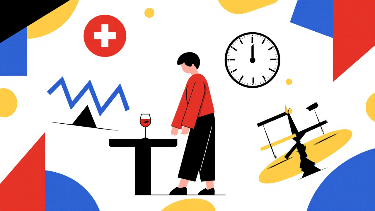 Personne déséquilibrée près d&#039;un verre de vin, entourée de symboles abstraits du risque vestibulaire.