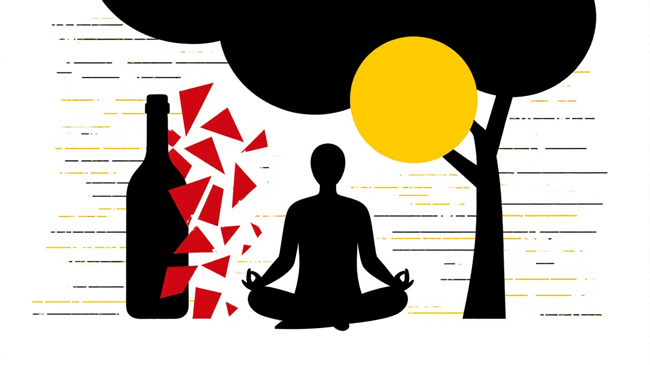 Personne méditant en paix, avec une bouteille d&#039;alcool qui se désintègre en fragments rouges.