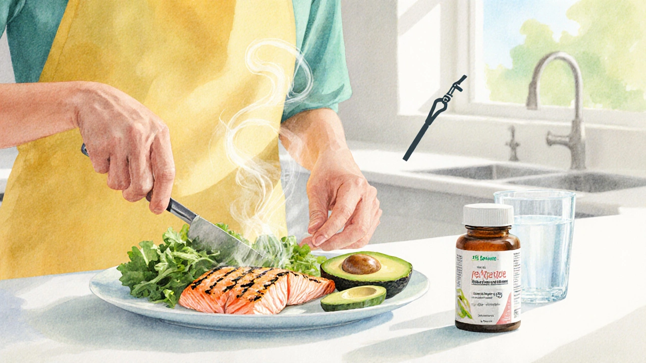 Personne préparant un repas pauvre en graisses avec enzymes pancréatiques et équipement endoscopique.