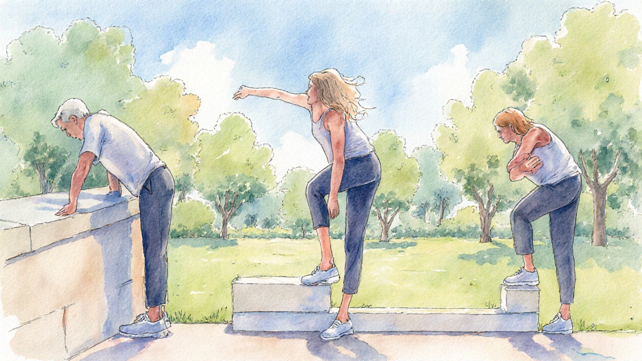 Personnes effectuant des étirements du mollet, d&#039;Achille et de l&#039;épaule dans un parc ensoleillé.