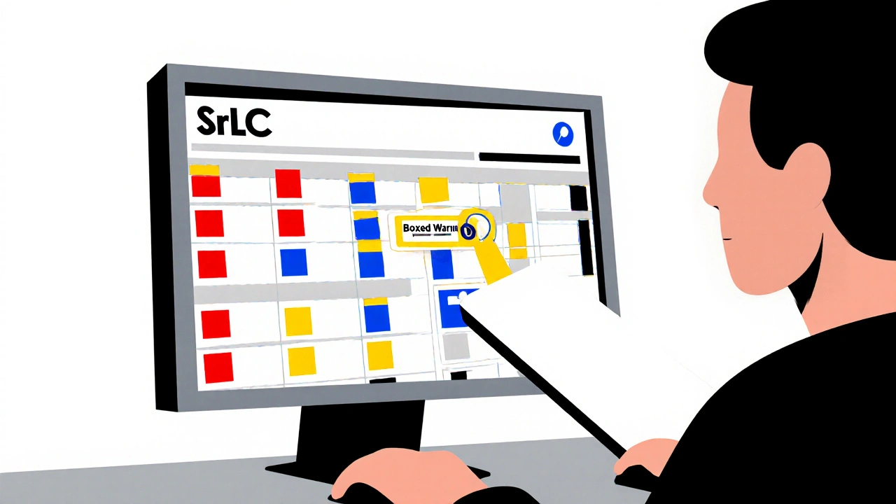 Pharmacien utilisant un écran stylisé montrant la base de données SrLC avec filtres.