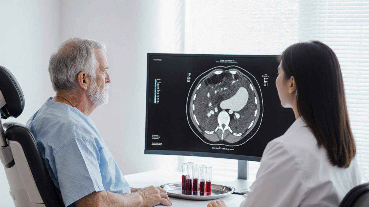 Scène clinique d’un patient et d’un médecin examinant une IRM du pancréas avec calcifications.