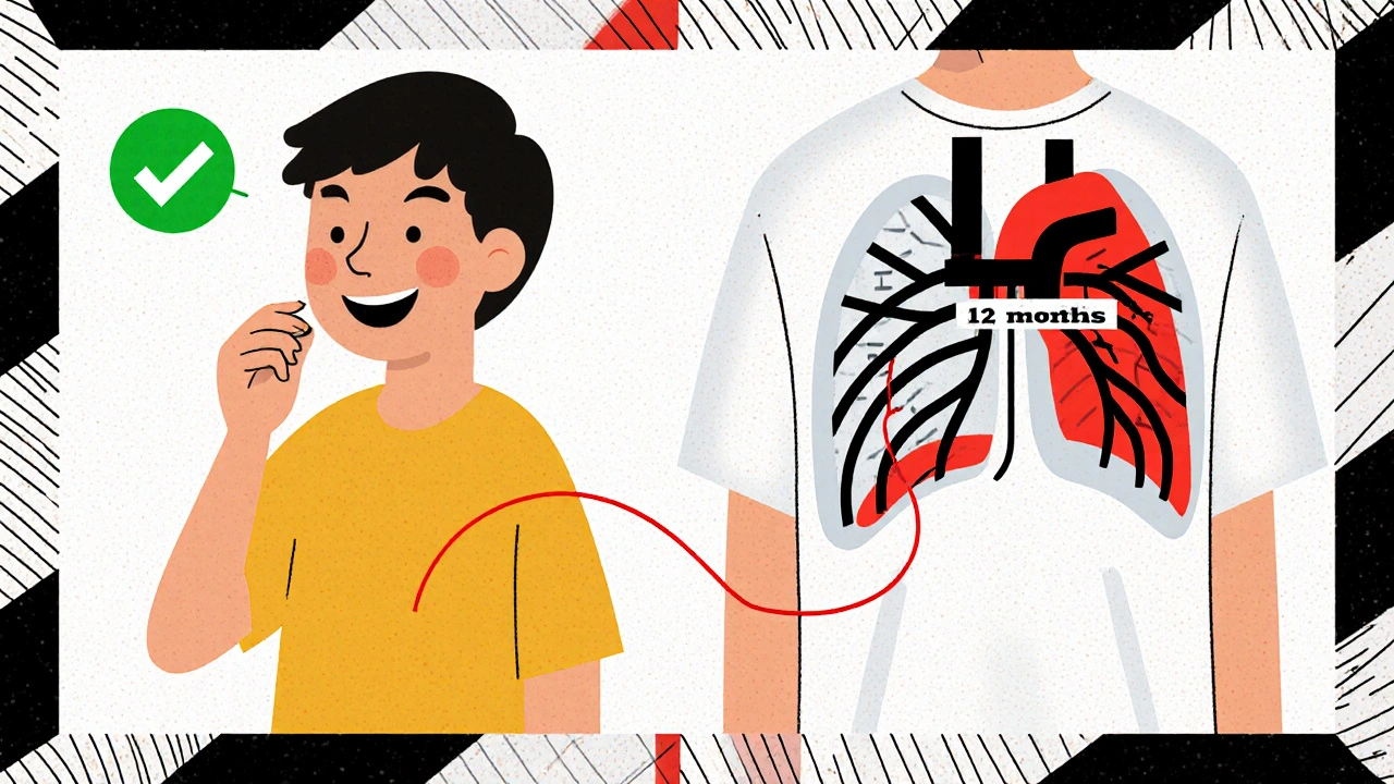 Scène divisée : à gauche, une personne prenant un traitement sûr ; à droite, la même personne avec une prothèse cardiaque et un fil rompu marquant 12 mois.