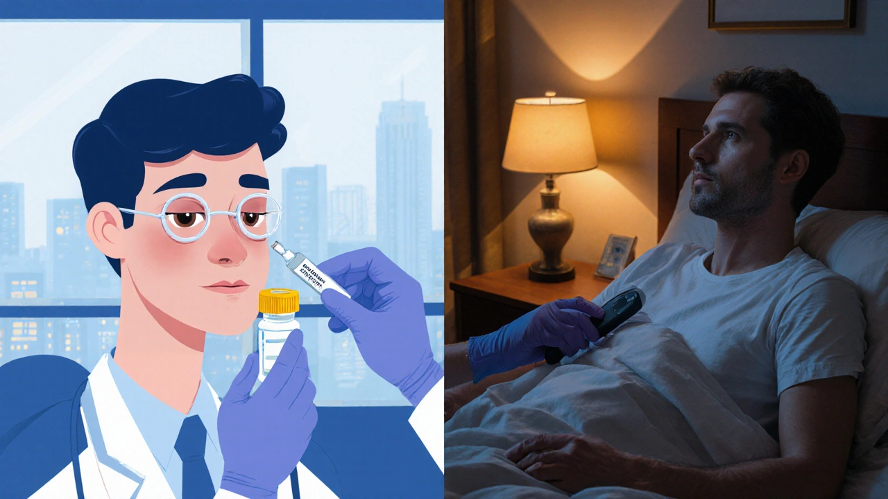 Scène divisée : adolescent avec lentilles recevant du tobramycine en clinique, adulte diabétique appliquant de l'azithromycine à la maison.